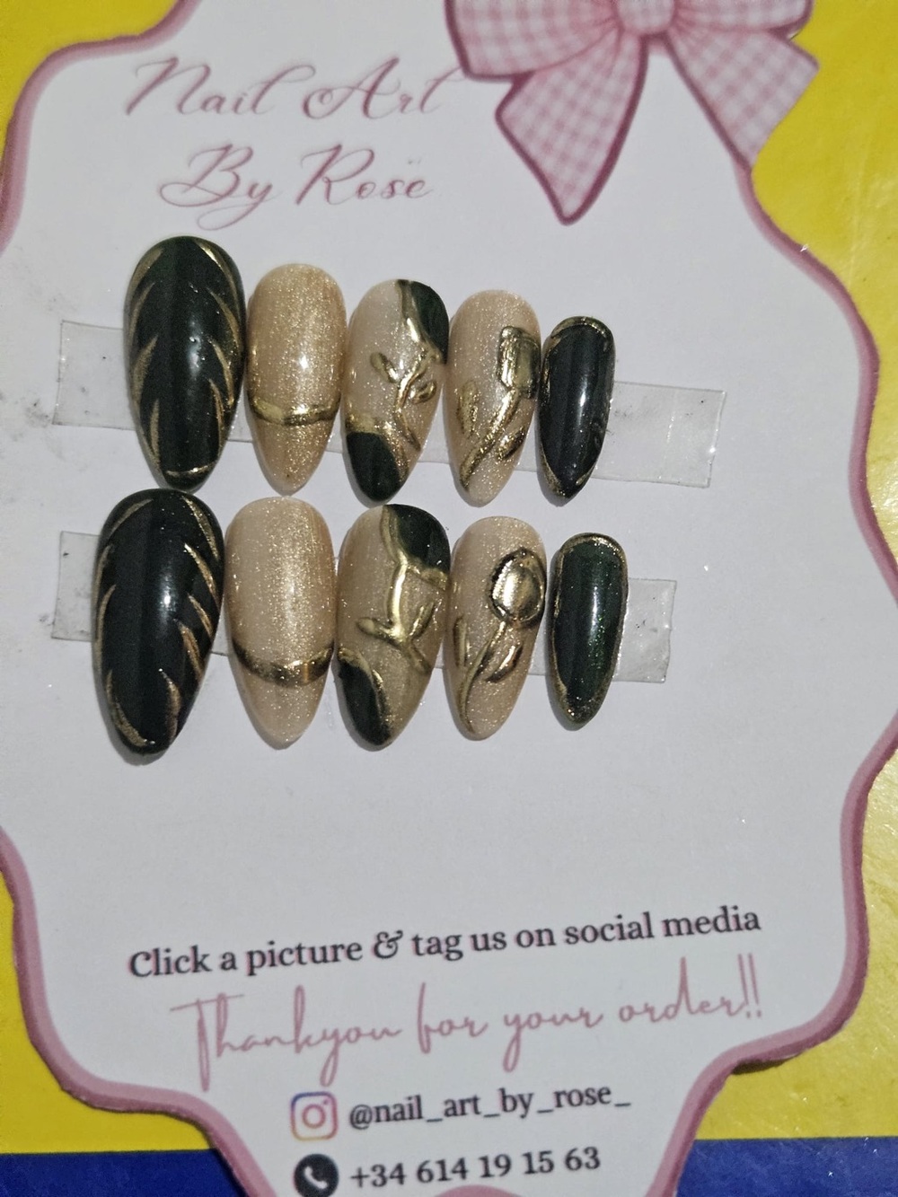- Gold & Dark Green Press-On Nail Set